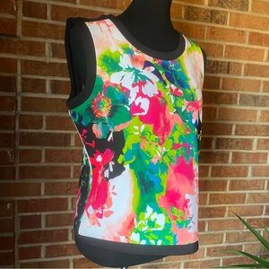 Worthington Women L Sleeveless Abstract Floral Top Multicolor Zip Back Stretch